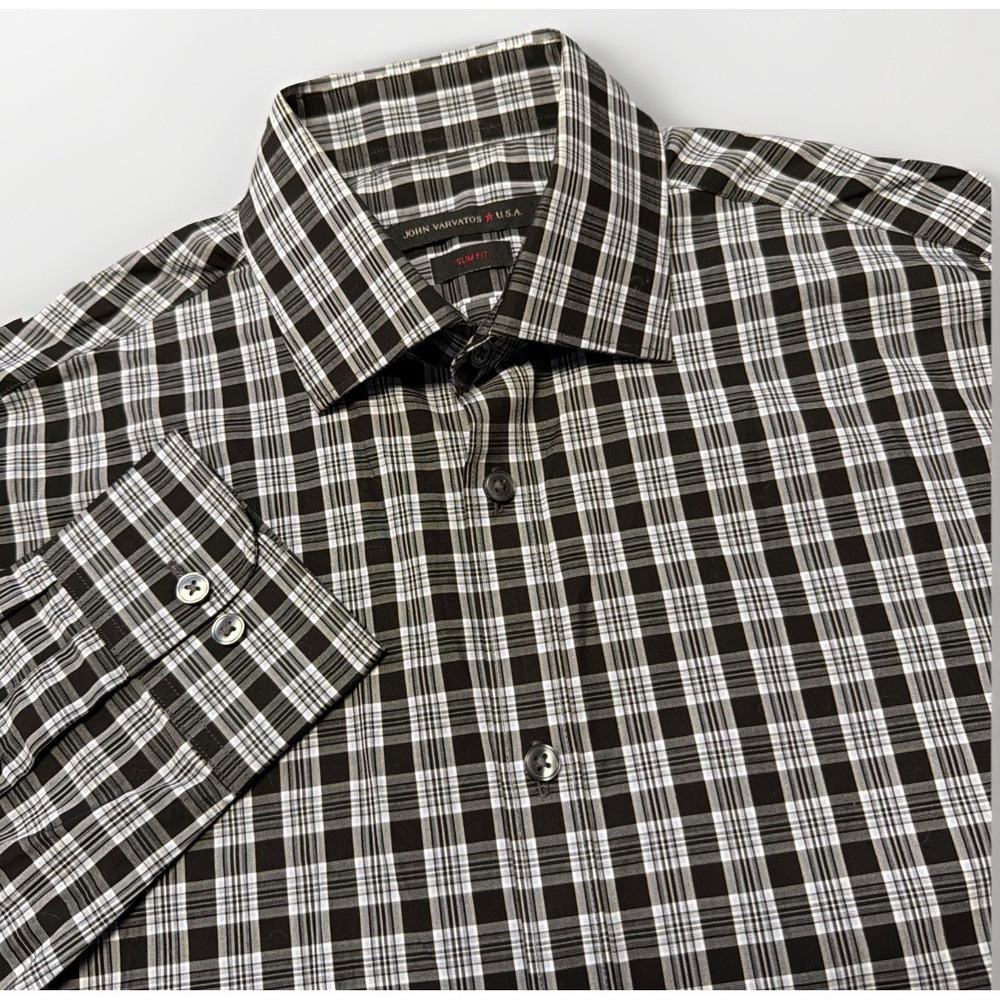 John Varvatos USA Slim Fit Dress Shirt‎ Mens 15 32/33 Black White Plaid Pattern